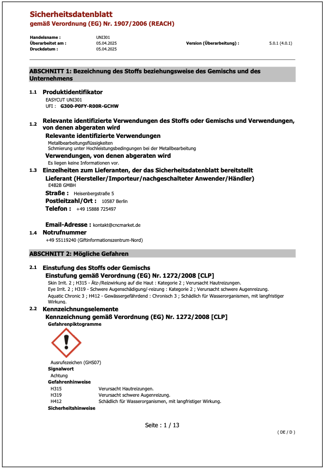 Sicherheitsdatenblatt UNI301