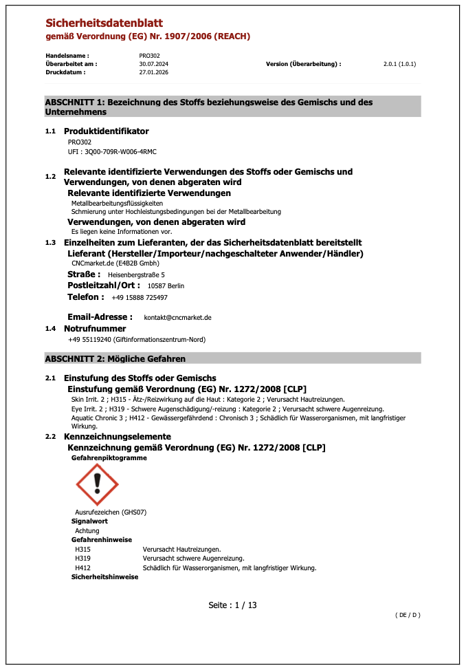 Sicherheitsdatenblatt PRO302