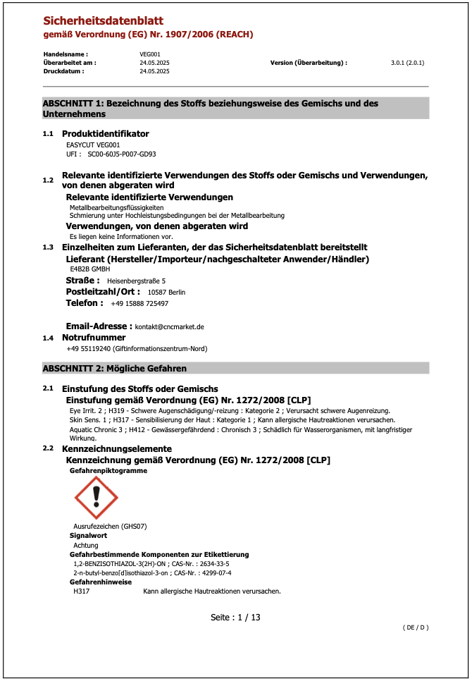 Sicherheitsdatenblatt VEG001