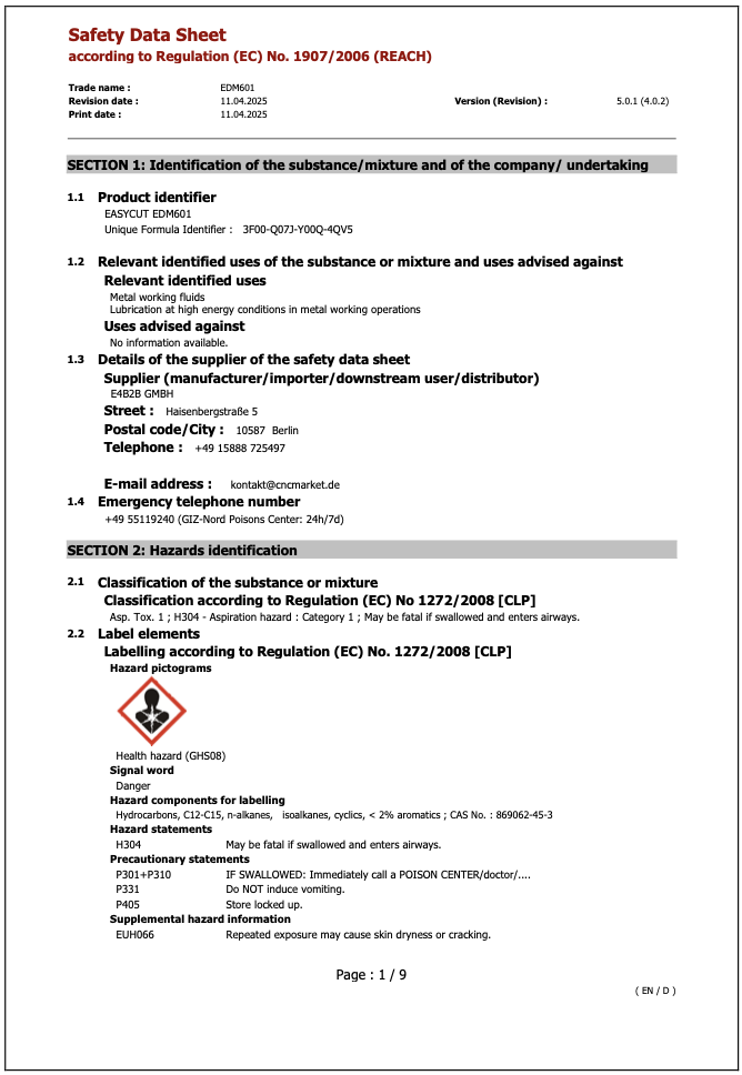 Safety Data Sheet EDM601