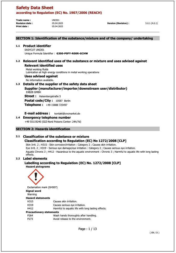 Safety Data Sheet UNI301