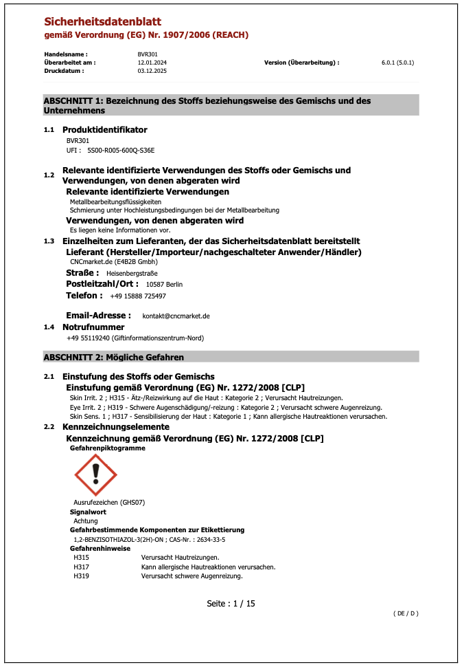 Sicherheitsdatenblatt BVR301