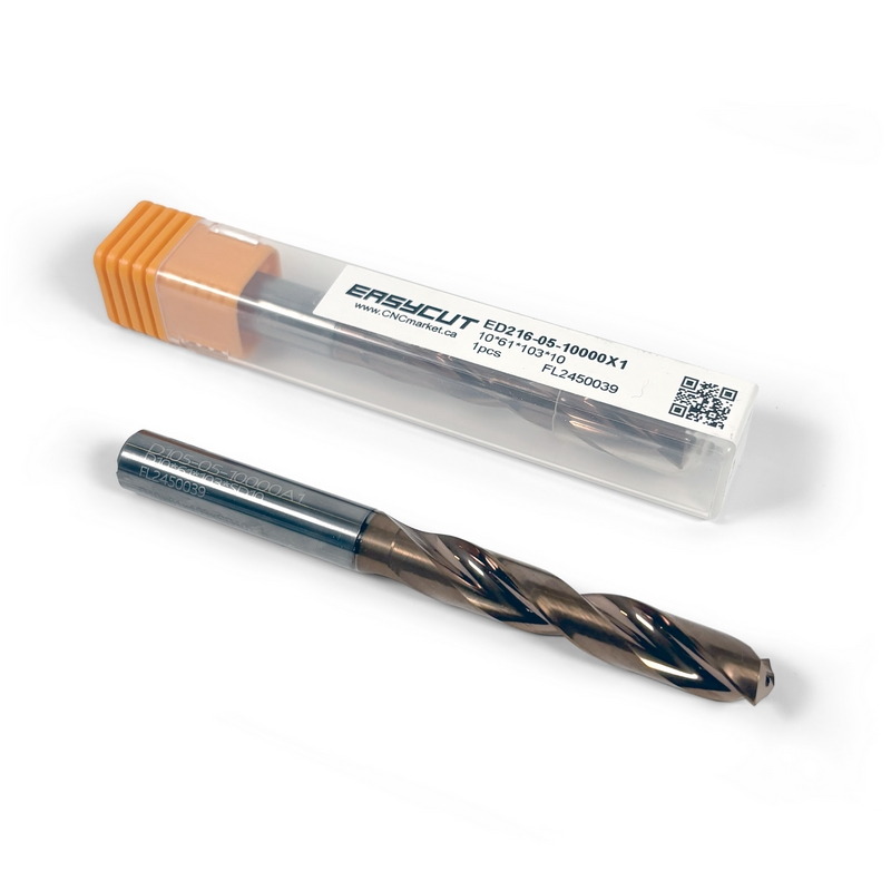 10mm Carbide Drill, 2 flutes, 5xD, Through Tool Coolant, 140°, 49mm LOC, Coated