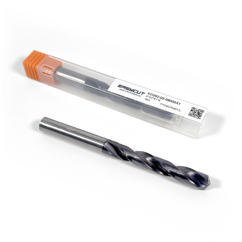 8mm Carbide Drill, 2 flutes, 5xD, Through Tool Coolant, 140°, 43mm LOC, Coated