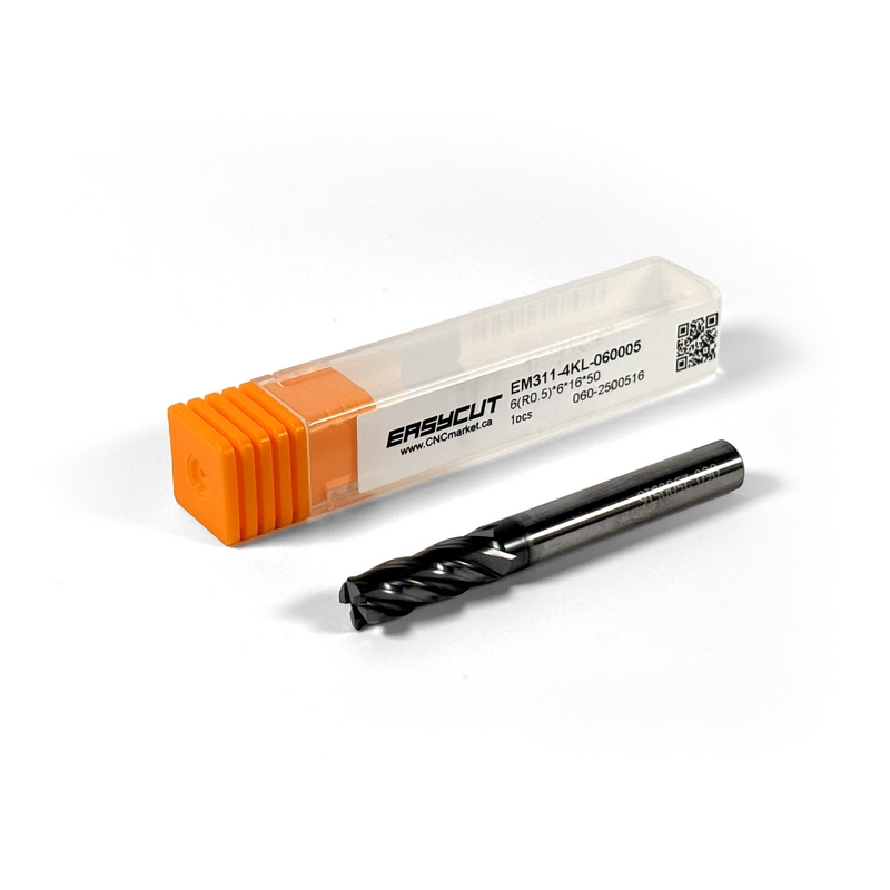 6 mm Solid Carbide End Mill, 0.5 mm Corner Chamfer, 4 Flutes, Radius, Standard length, For P, M, K materials, AlCrN coated